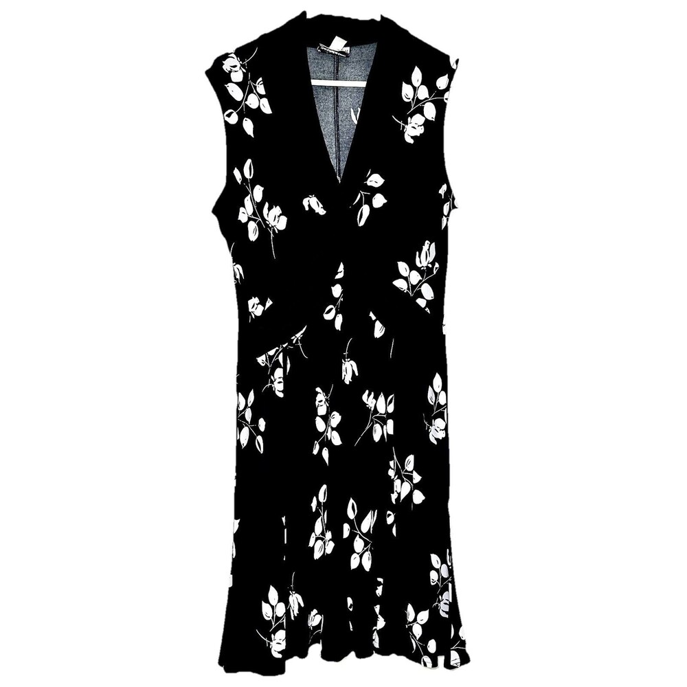 Joseph Ribkoff Black White Floral Twist Front Cocktail Dress 14 Stretch